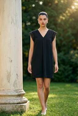 Reiss Black V-Neck Shift Dress with Guipure Lace Shoulder and Back Detail